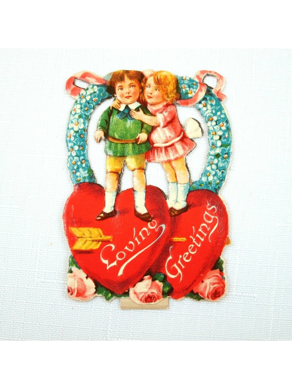 Vintage Valentine Die Cut Stand Up Victorian Girl Boy Flowers 1920-30s UNSIGNED